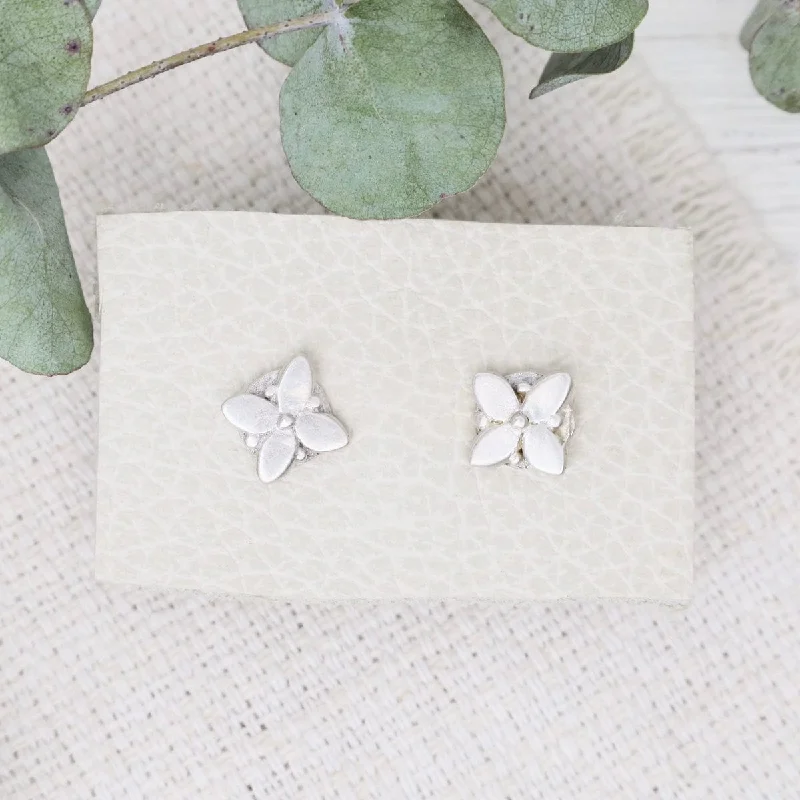 Matte Silver Geometric Floral Stud Earrings