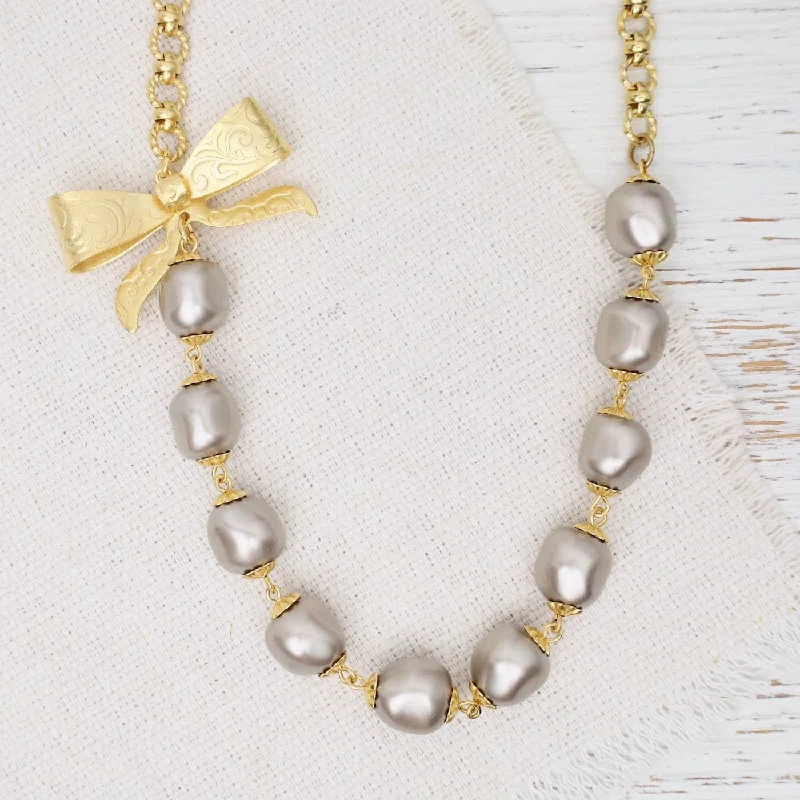 Grey Glass Pearl and Bow Necklace