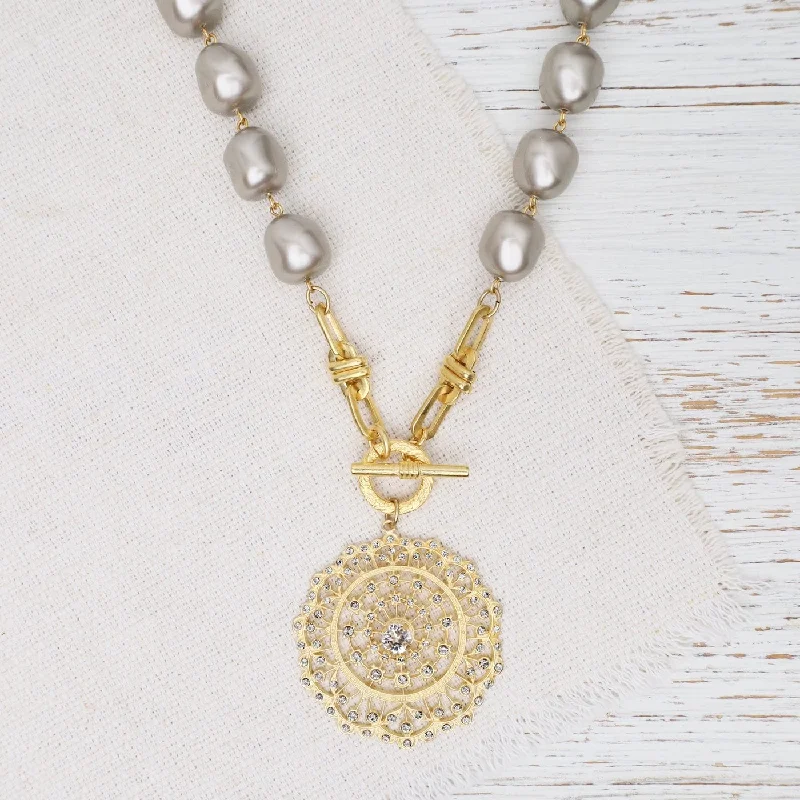 Grey Glass Pearl Necklace with Crystal Medallion