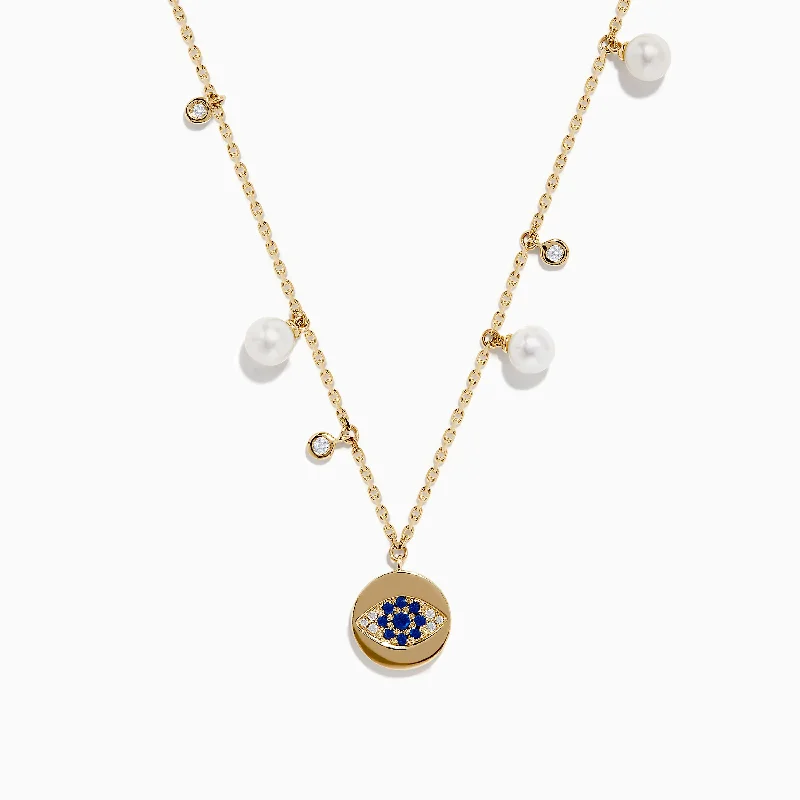 14K Gold Fresh Water Pearl, Sapphire and Diamond Evil Eye Necklace