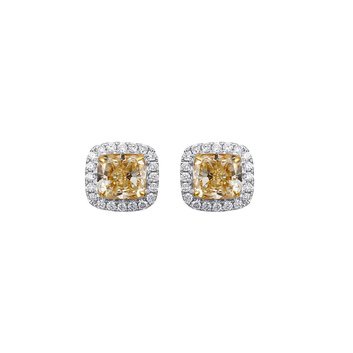 14K White and Yellow Gold Cushion Fancy Yellow Diamond Stud Earrings with Halo