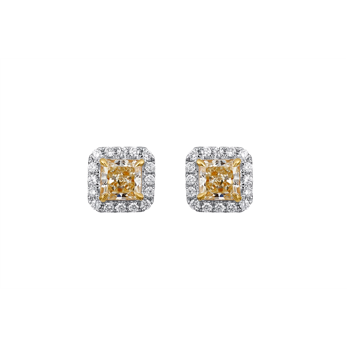 14K White and Yellow Gold Radiant Fancy Yellow Diamond Stud Earrings with Halo