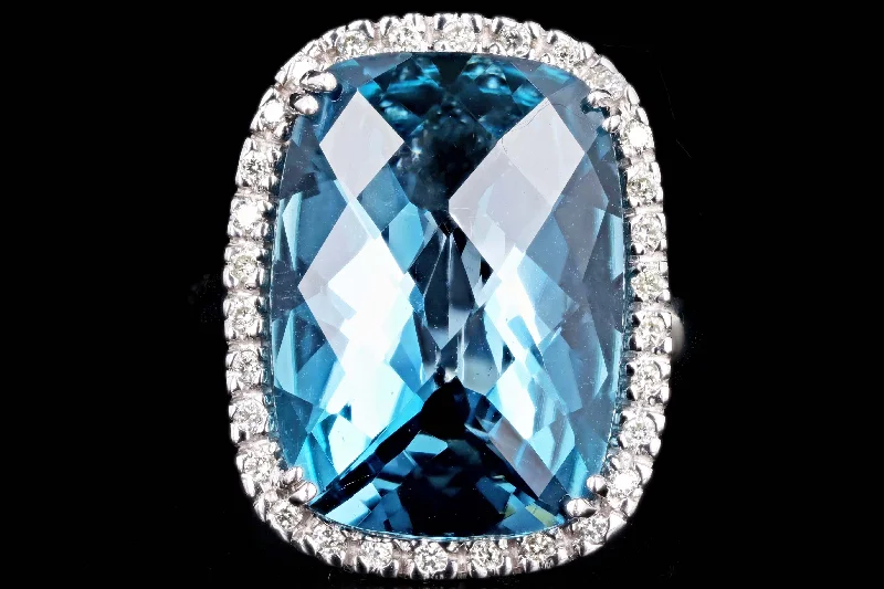 14K White Gold 11.82 Carat Blue Topaz & Diamond Halo Ring