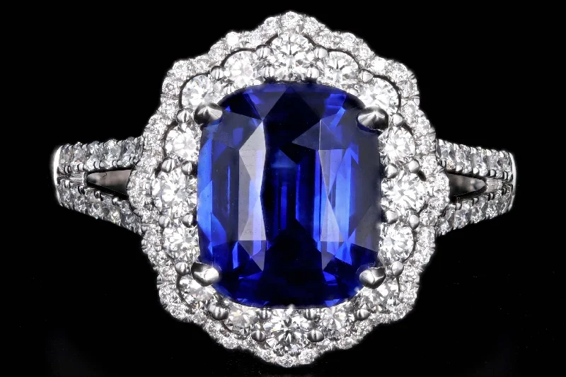 14K White Gold 3.08 Carat Cushion Cut Natural Sapphire & Diamond Halo Cluster Ring