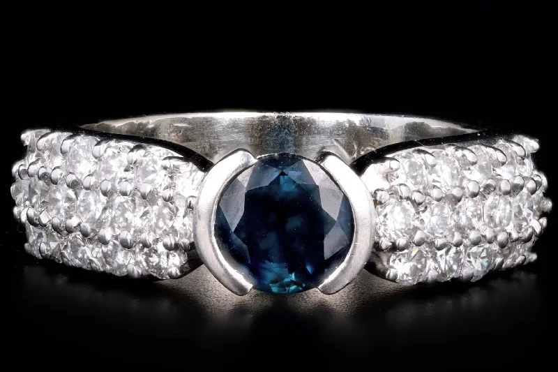 14K White Gold .91 Carat Oval Natural Sapphire & Diamond Ring