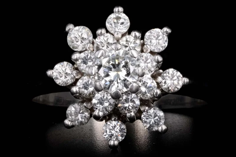 14K White Gold .94 Carat Total Weight Round Diamond Flower Cluster Ring