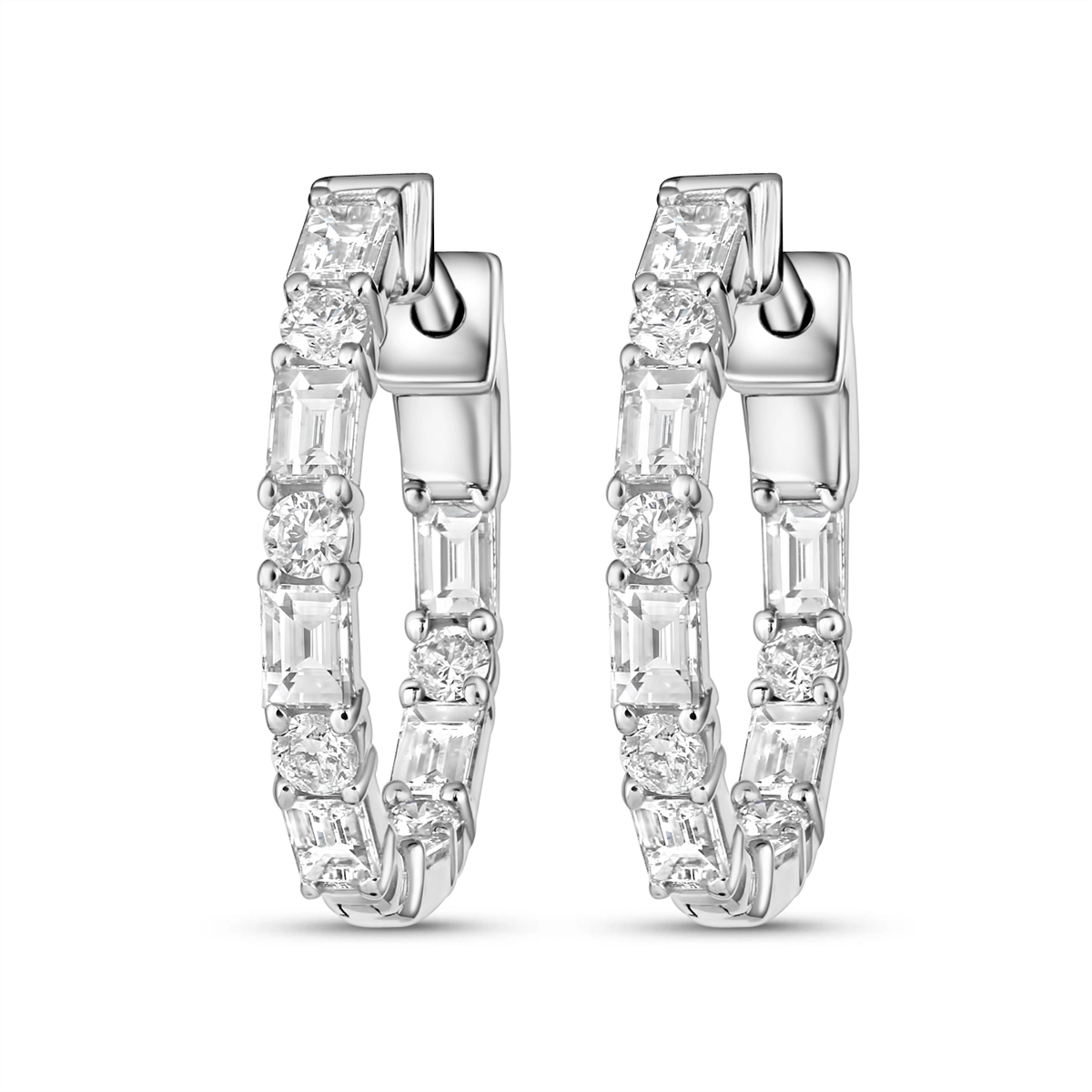 14K White Gold Baguette and Round Diamond Hoop Earrings