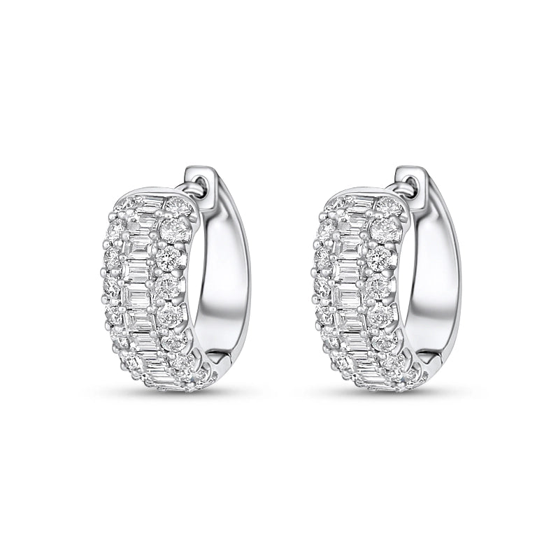 14K White Gold Bauguette and Round Diamond Hoop Earrings