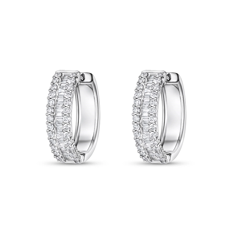 14K White Gold Bauguette and Round Diamond Hoop Earrings