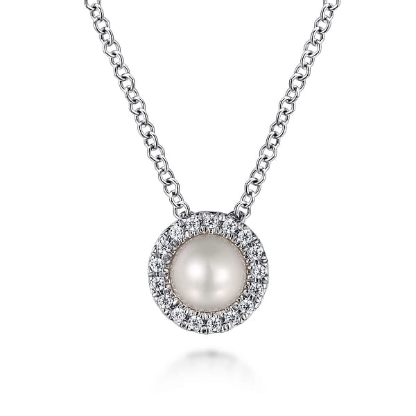 14K White Gold Cultured Freshwater Pearl and Diamond Necklace