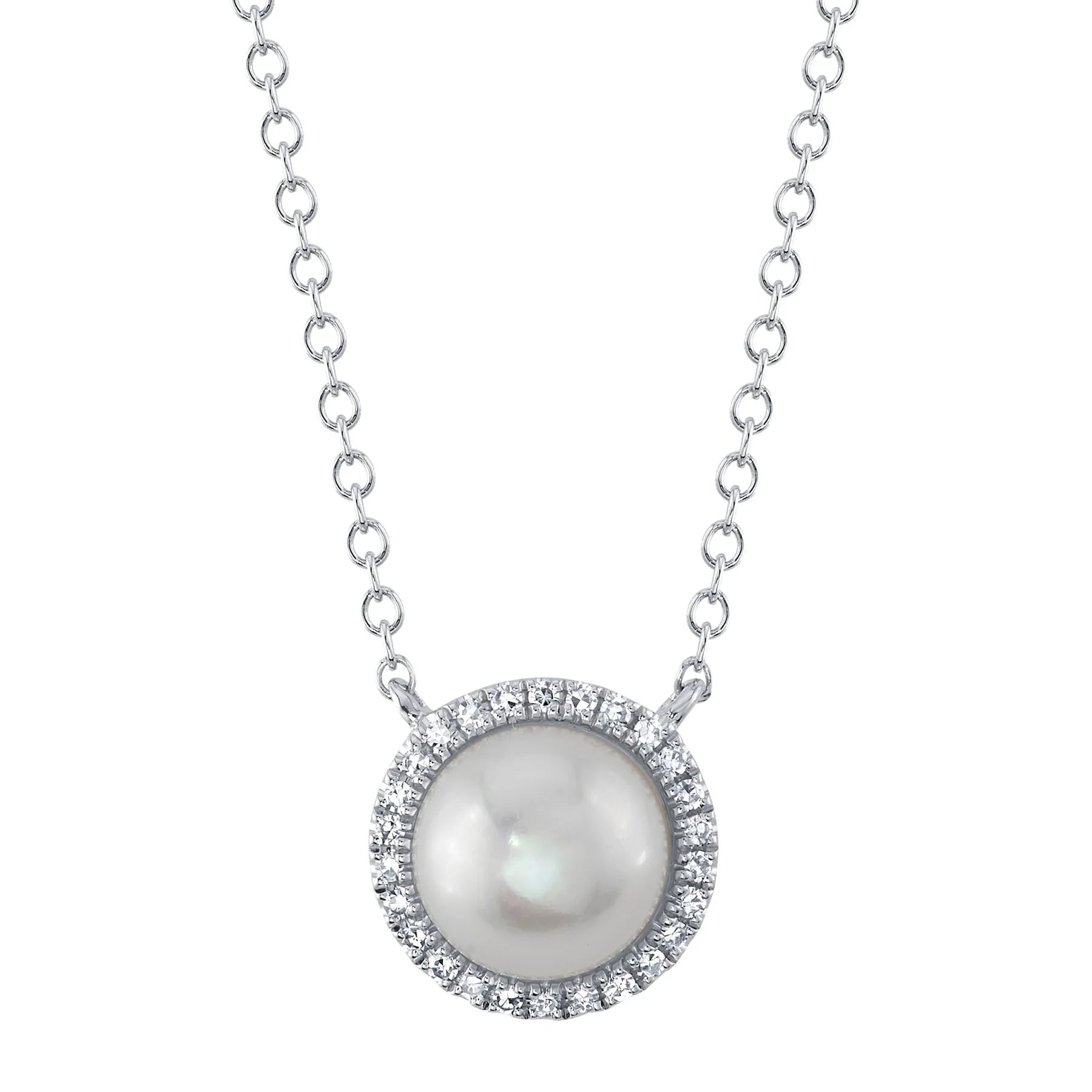 14K White Gold Cultured Pearl Diamond Halo Pendant Necklace