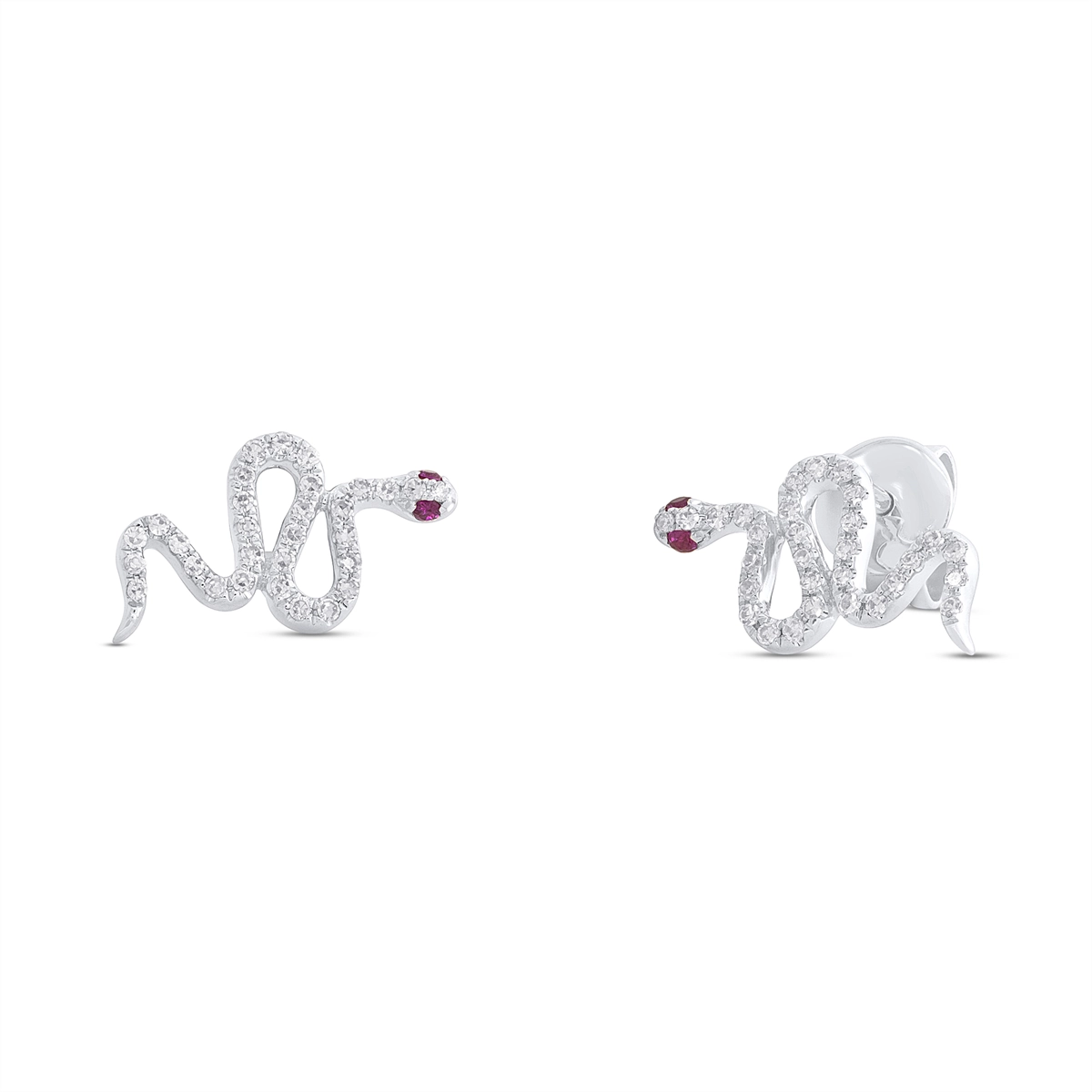 14K White Gold Diamond Snake Stud Earrings with Ruby Eyes