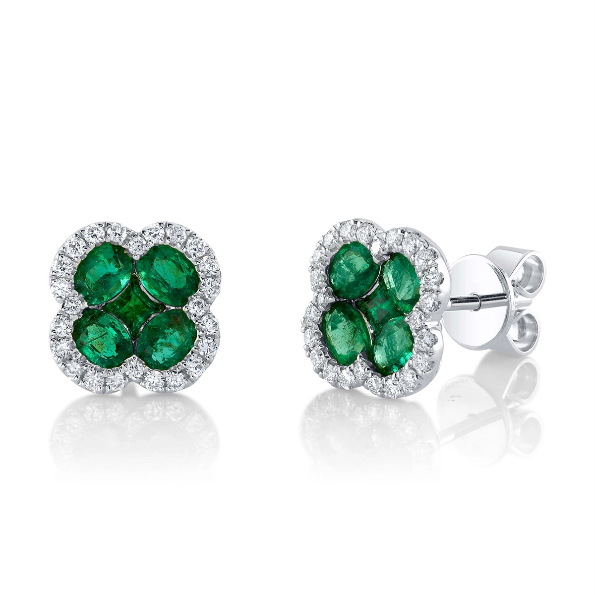 14K White Gold Emerald and Diamond Clover Stud Earrings