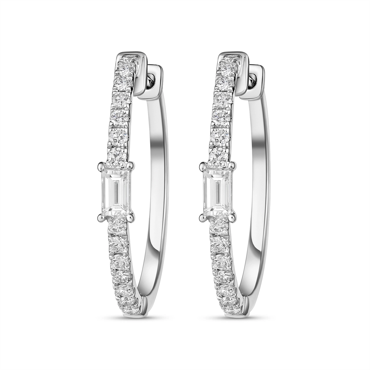 14K White Gold Round and Baguette Diamond Hoop Earrings