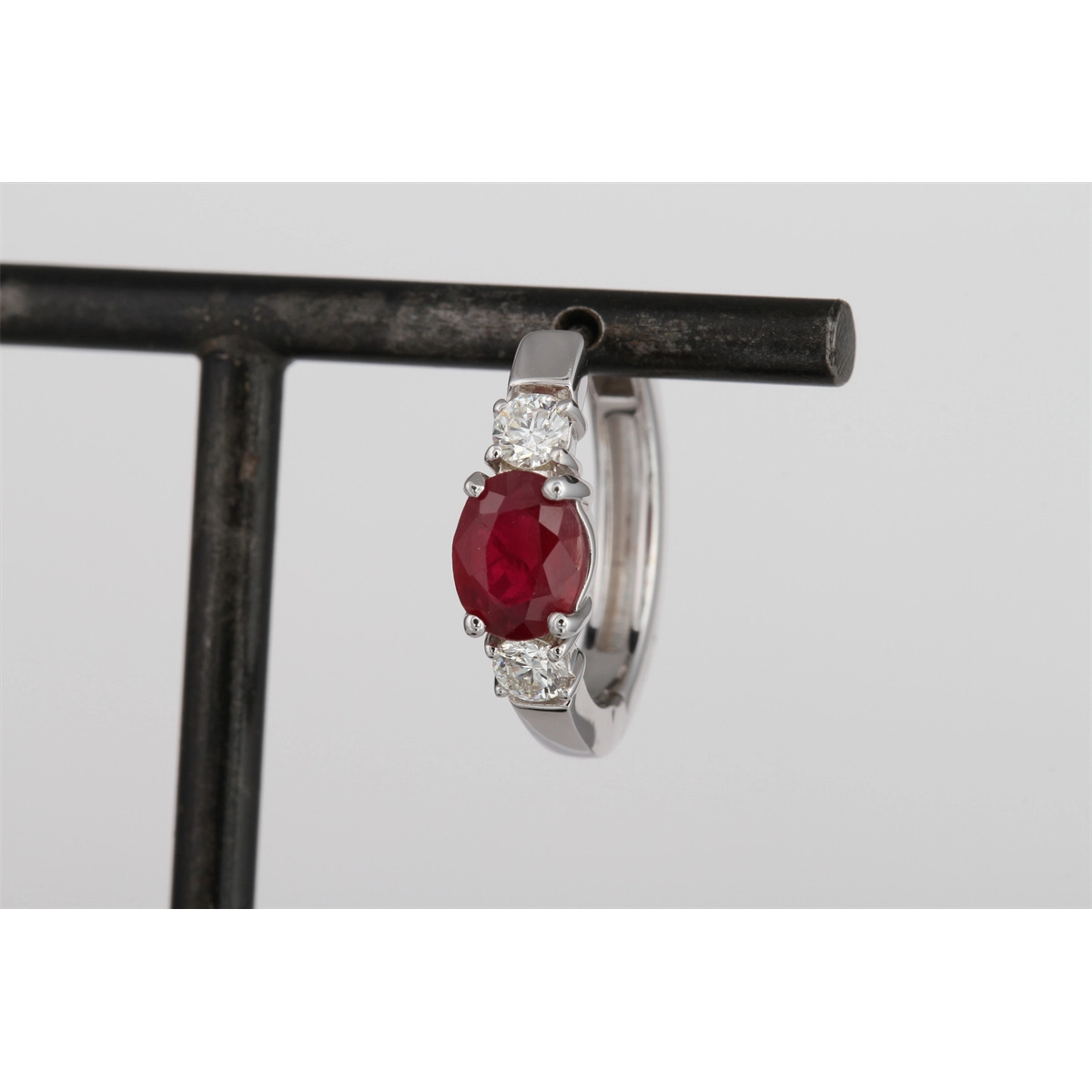 14K White Gold Ruby and Diamond Huggie Hoop Earrings