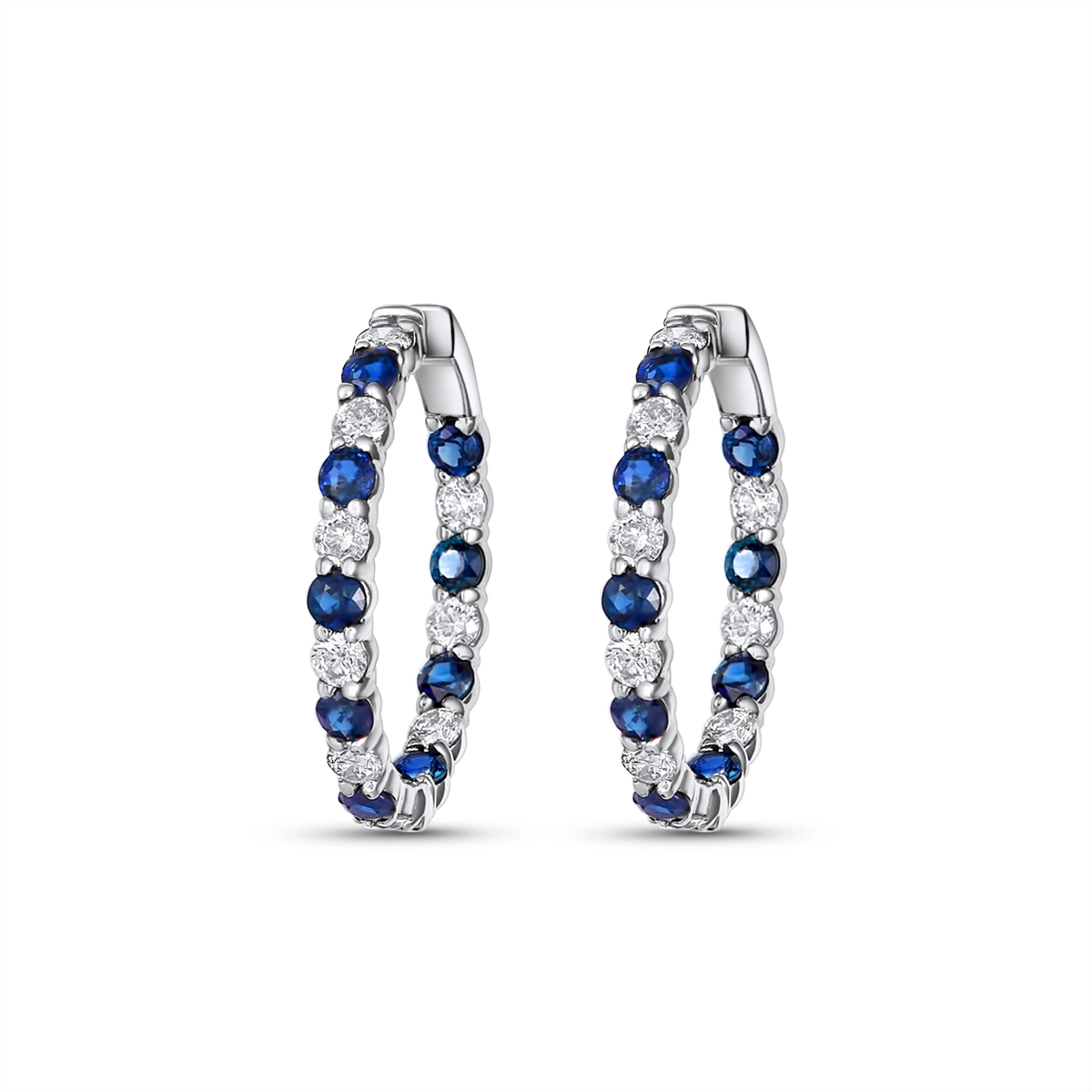 14K White Gold Sapphire and Diamond Hoop Earrings