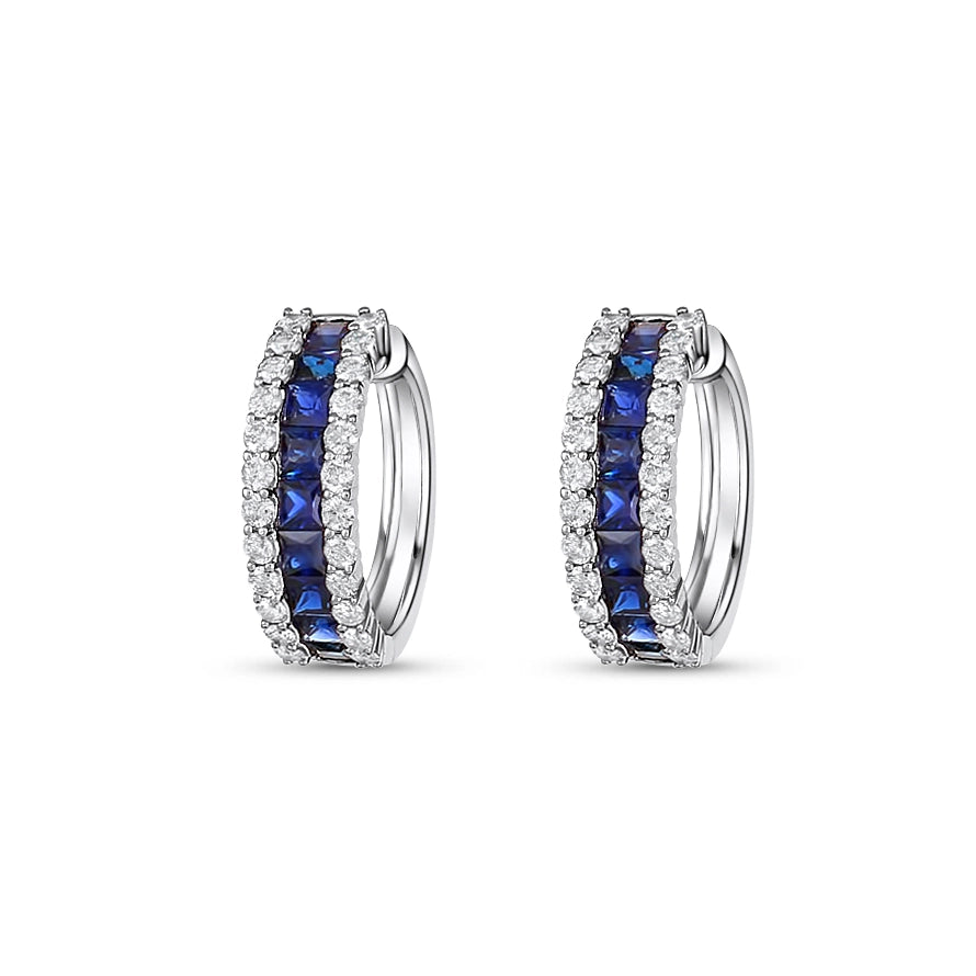 14K White Gold Sapphire and Diamond Wide Hoop Earrings