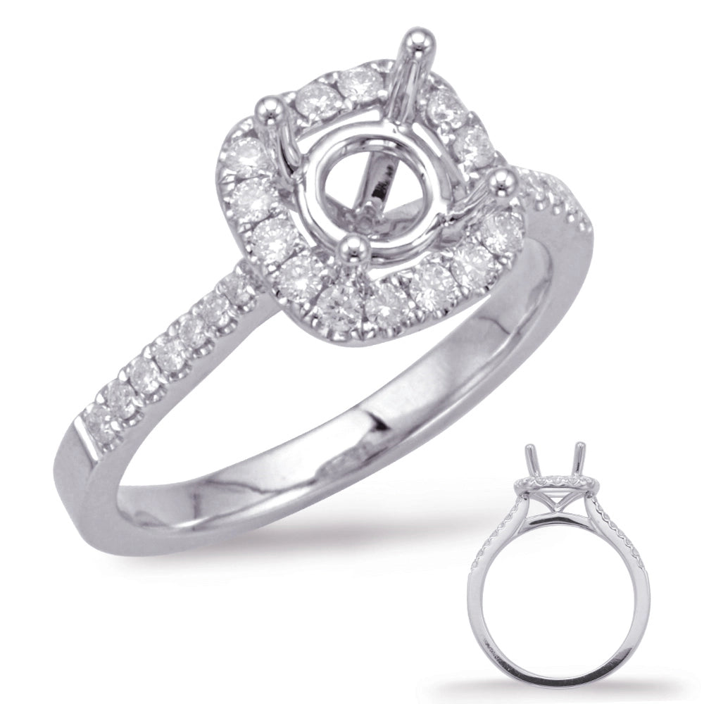 14K White Gold Semi Mount Ring, Cushion Halo, Prong Set