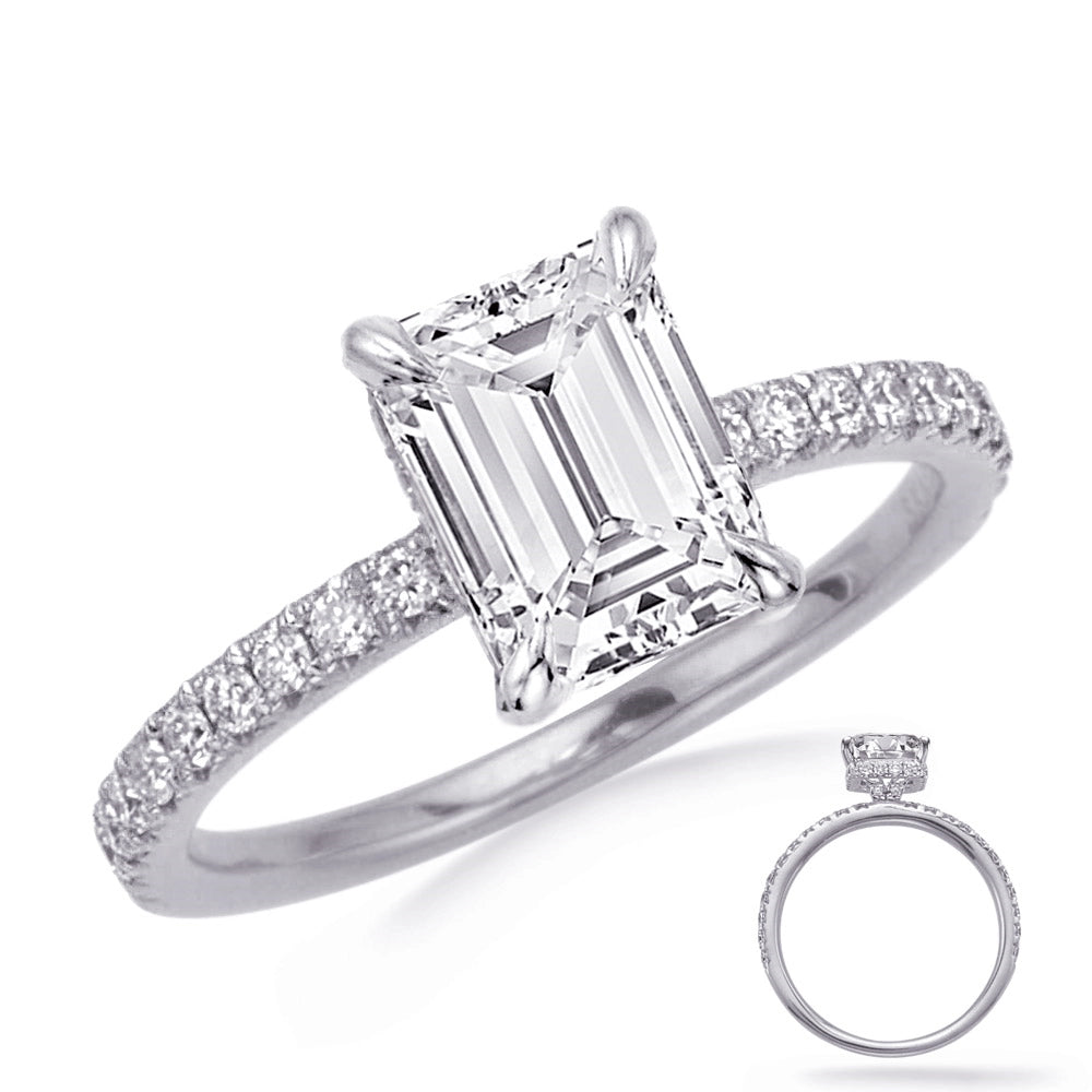 14K White Gold Semi Mount Ring with Hidden Rectangle Halo, Prong Set