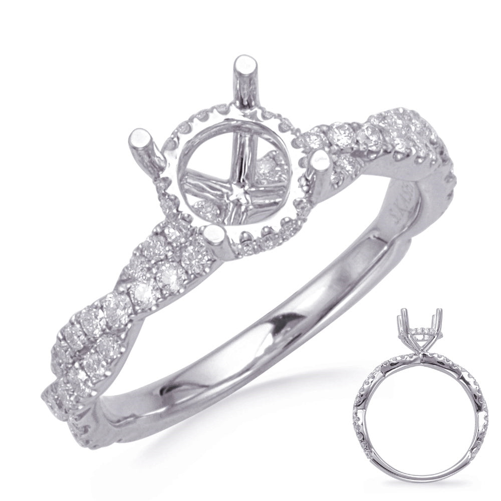 14K White Gold Semi Mount Ring with Twisted Shank, Hidden Halo