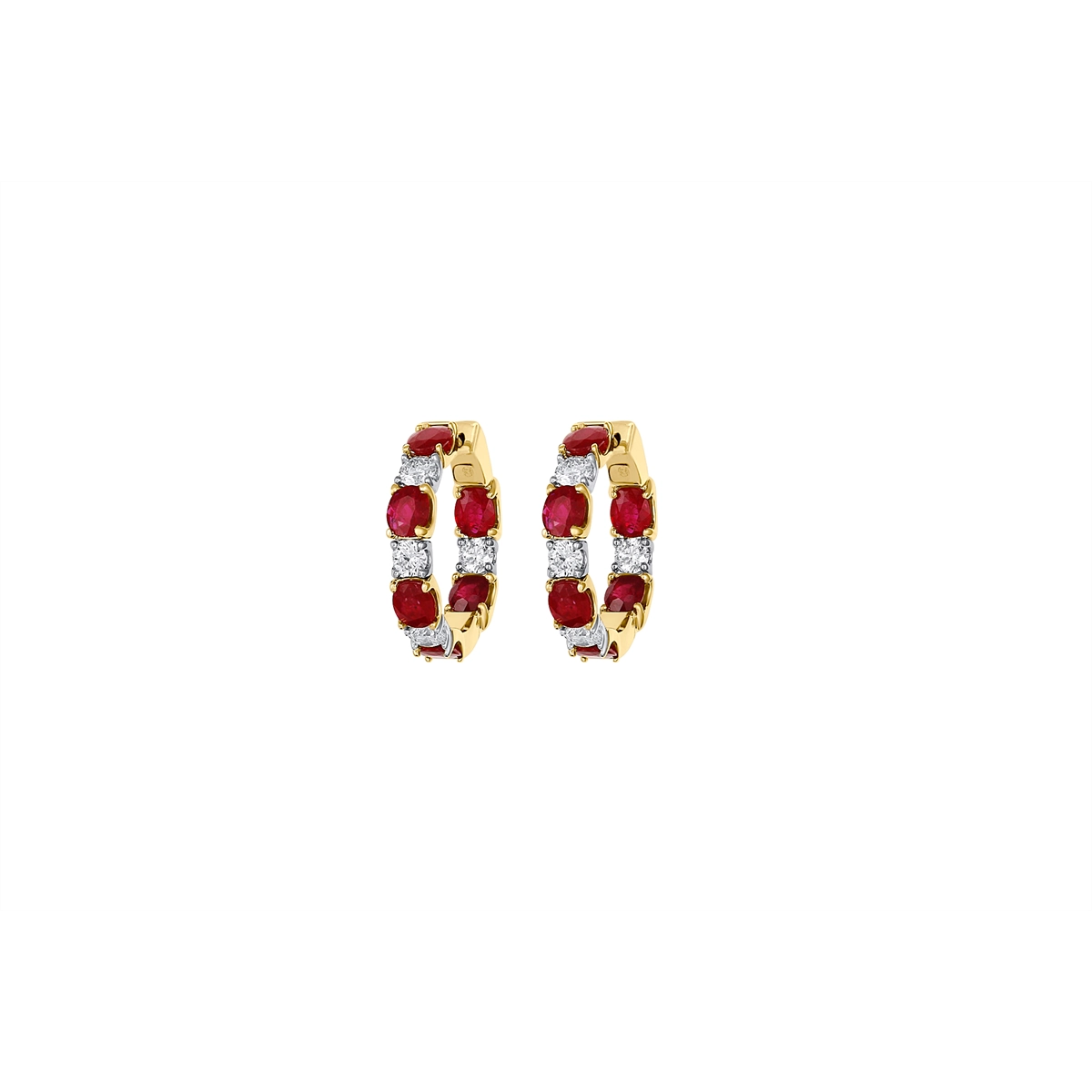 14K Yellow and White Gold Ruby and Diamond Hoop Earrings