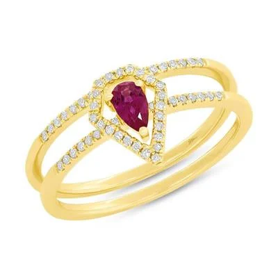 14K Yellow Gold .22 Carat Pear Cut Ruby Ring & Diamond Jacket Set