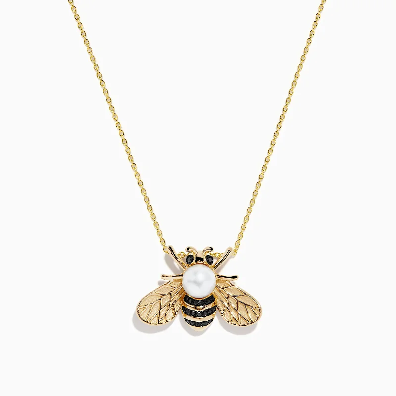 14K Yellow Gold Black Diamond, Freshwater Pearl Bee Pendant