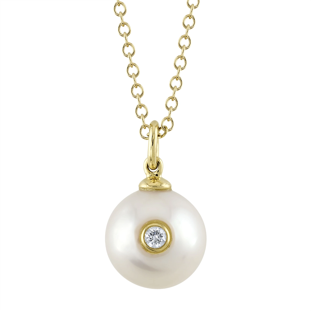 14K Yellow Gold Cultured Pearl with Inserted Bezel Set Diamond Pendant Necklace