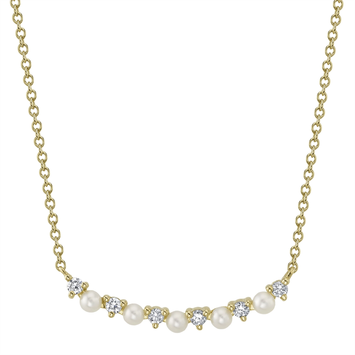 14K Yellow Gold Diamond and Cultured Pearl Curved Necklace