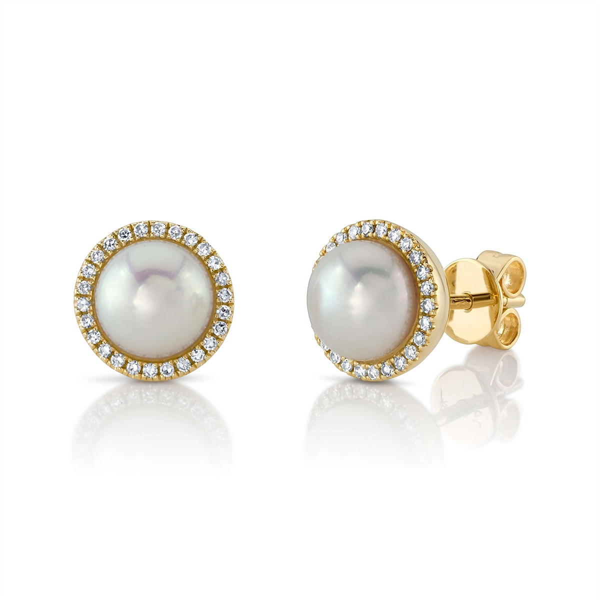 14K Yellow Gold Diamond and Cultured Pearl Stud Earrings