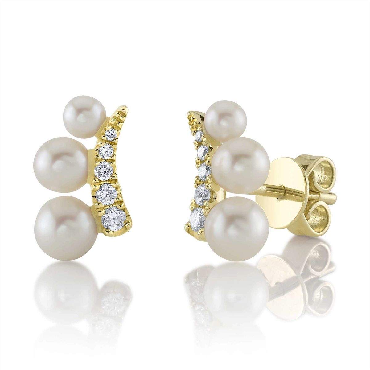 14K Yellow Gold Diamond and Cultured Pearl Stud Earrings