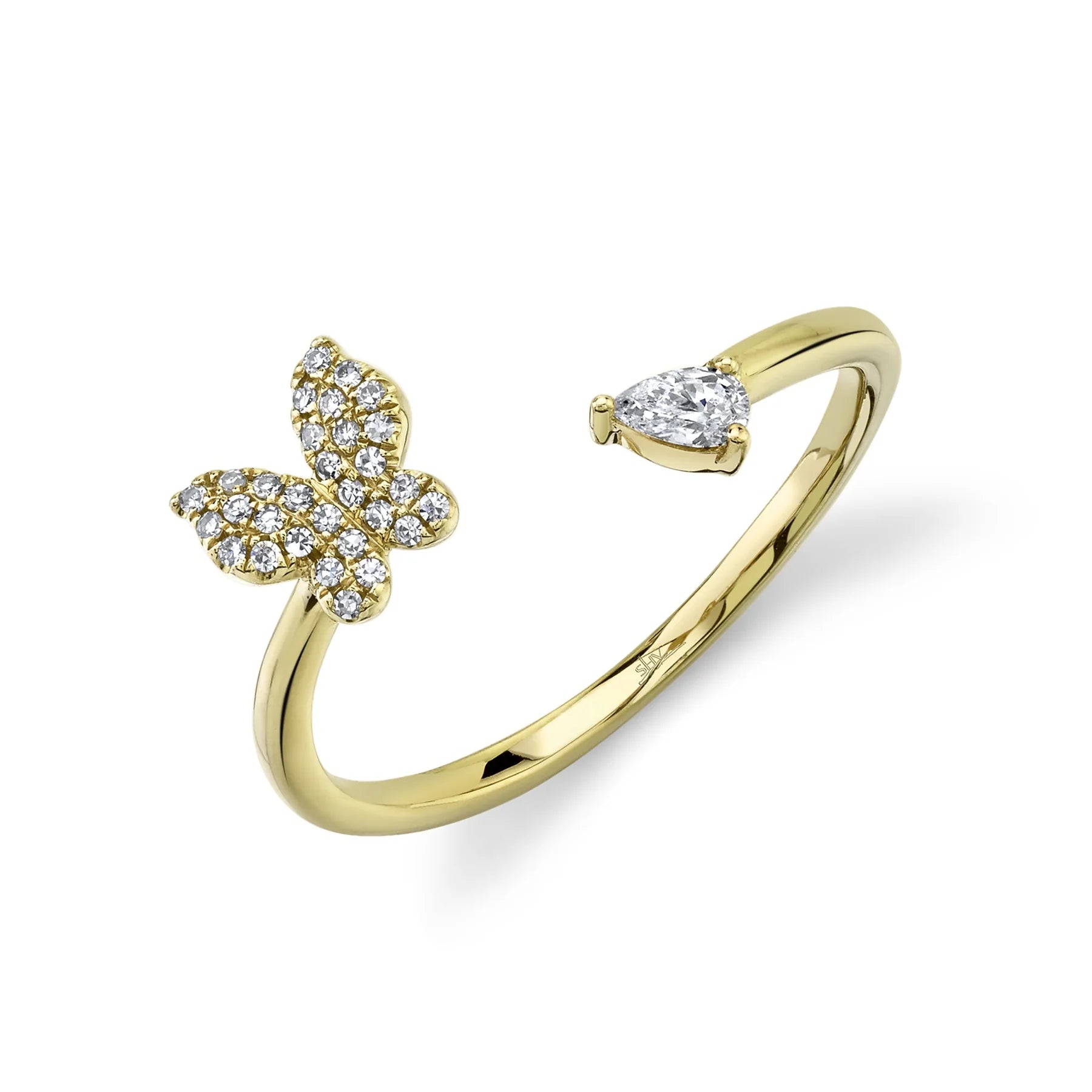 14K Yellow Gold Diamond Pear Butterfly Ring