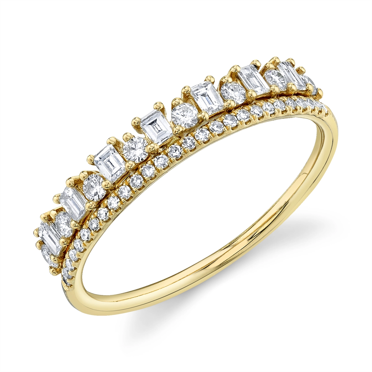 14K Yellow Gold Double Layer Band, Round & Alternating Baguettes & Rounds