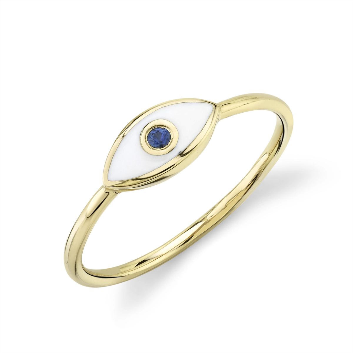 14K Yellow Gold Eye Ring with White Enamel & Blue Sapphire