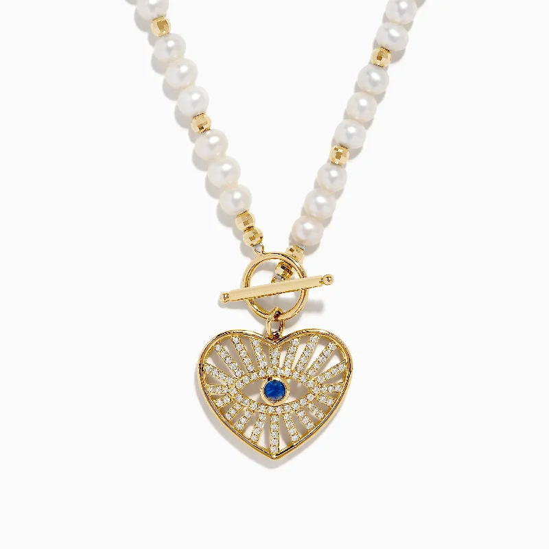 14K Yellow Gold Fresh Water Pearl Sapphire and Diamond Necklace