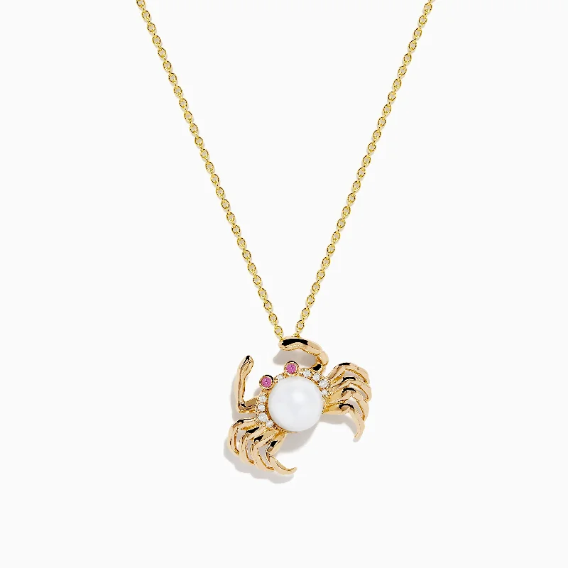 14K Yellow Gold Freshwater Pearl, Pink Sapphire and Diamond Crab Pendant