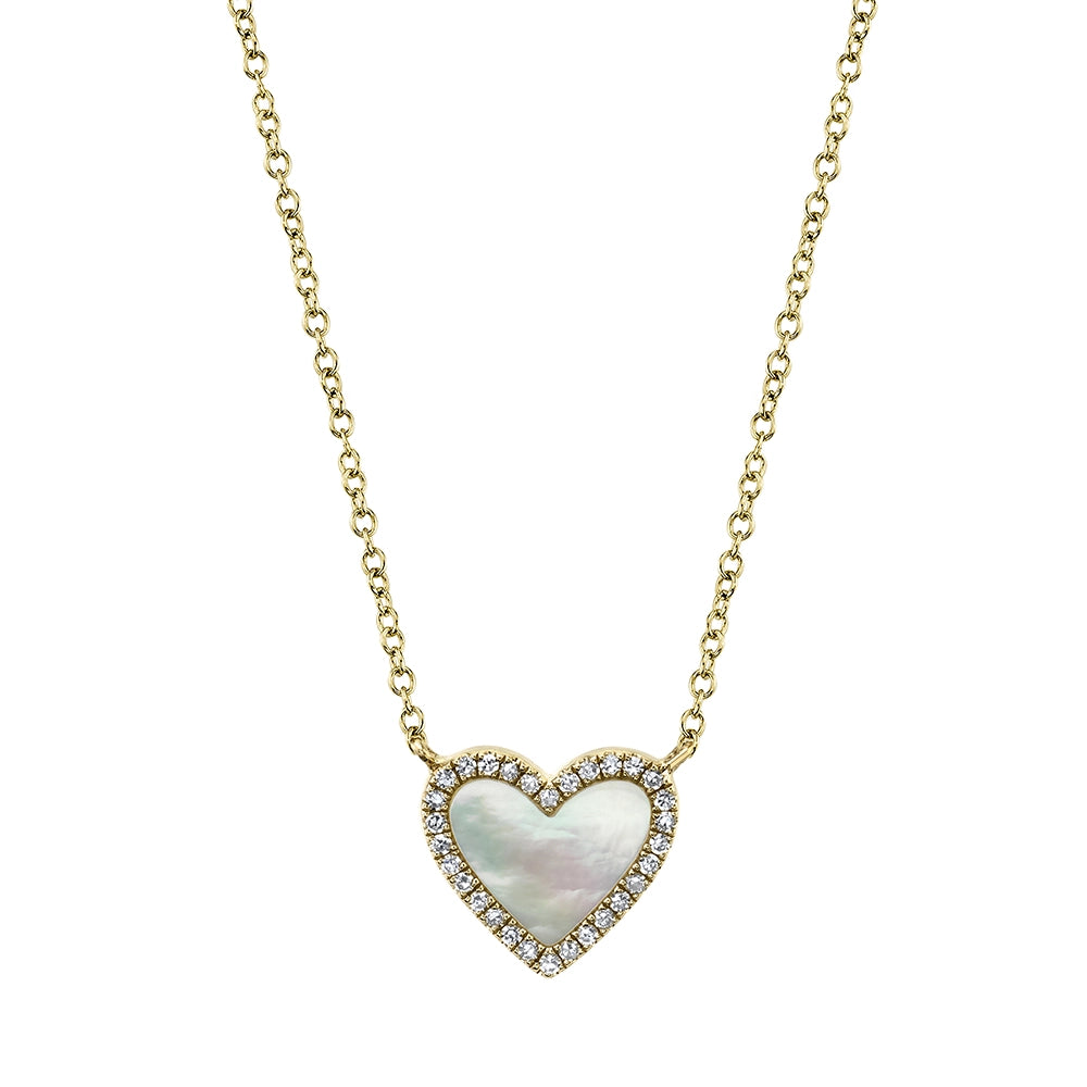 14K Yellow Gold Mother of Pearl and Diamond Heart Necklace