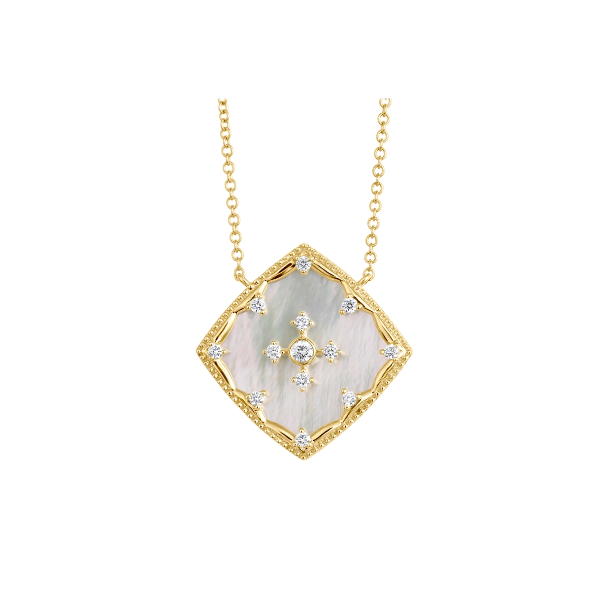 14K Yellow Gold Mother of Pearl and Diamond Pendant Necklace