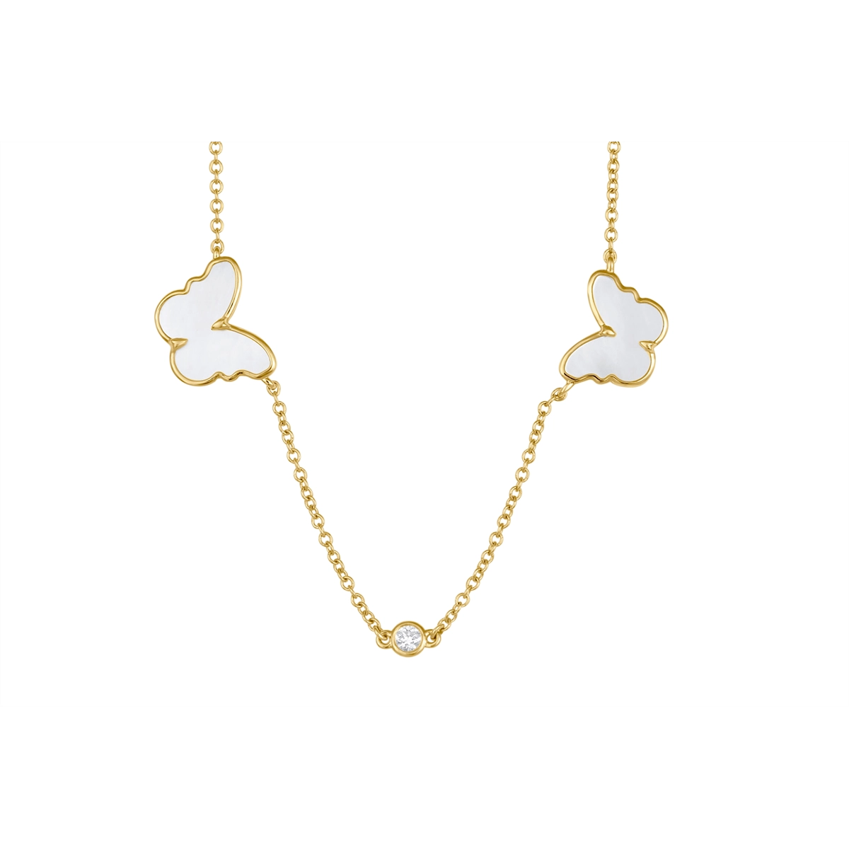 14K Yellow Gold Mother of Pearl Butterfly Station Necklace