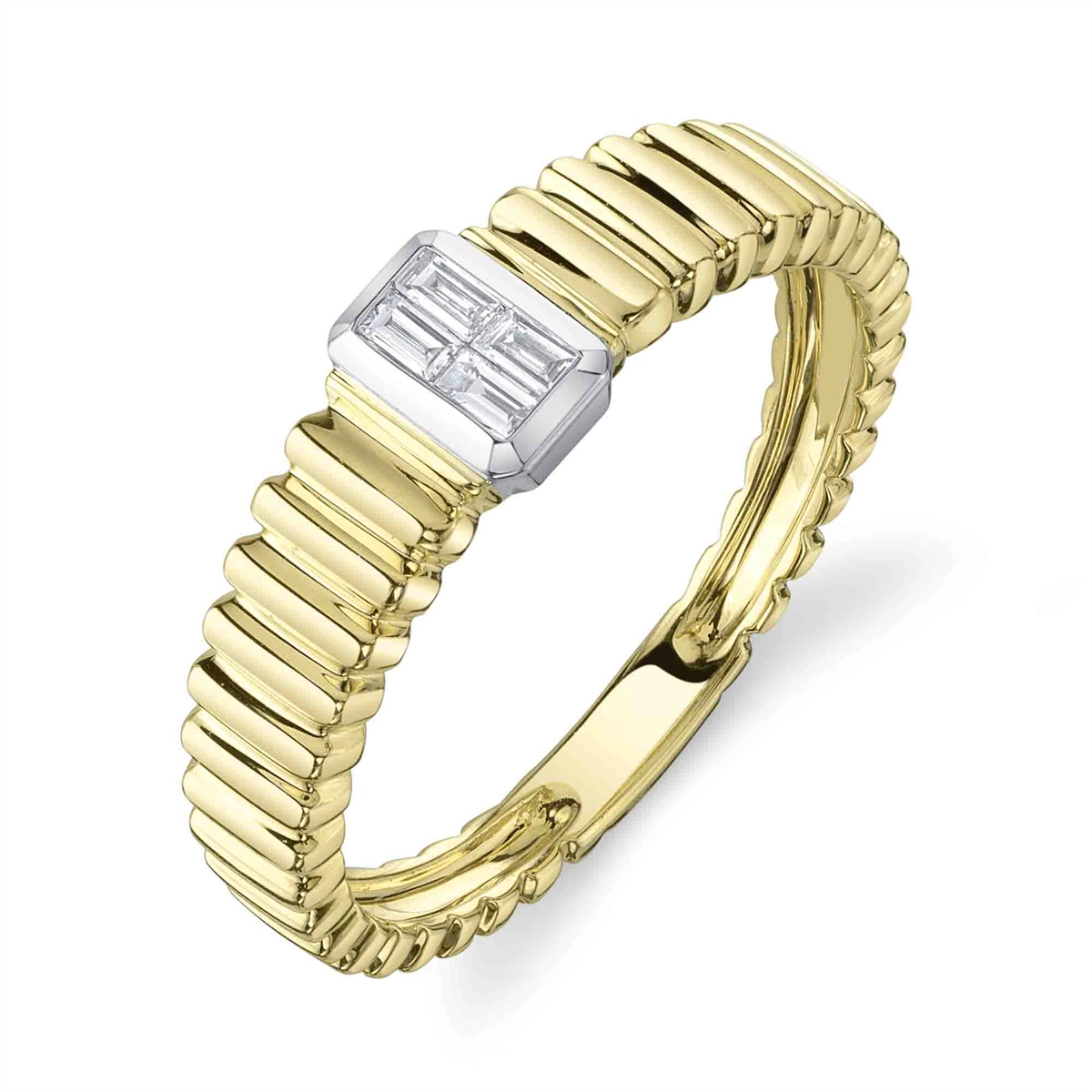 14K Yellow Gold Ribbed Ring with 14K White Gold Baguette Cluster Center