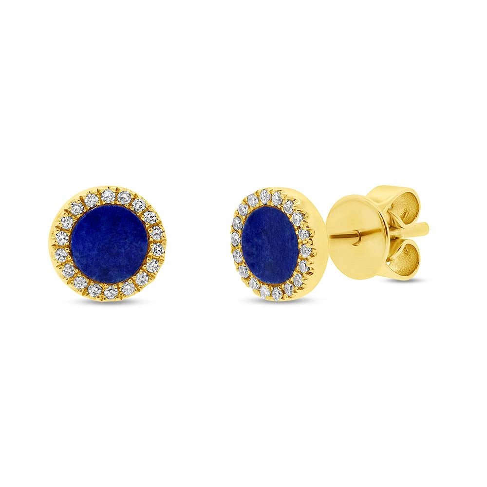 14K Yellow Gold Round Stud Lapis Earrings with Diamond Halo