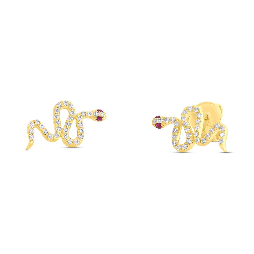 14K Yellow Gold Ruby and Diamond Snake Stud Earrings