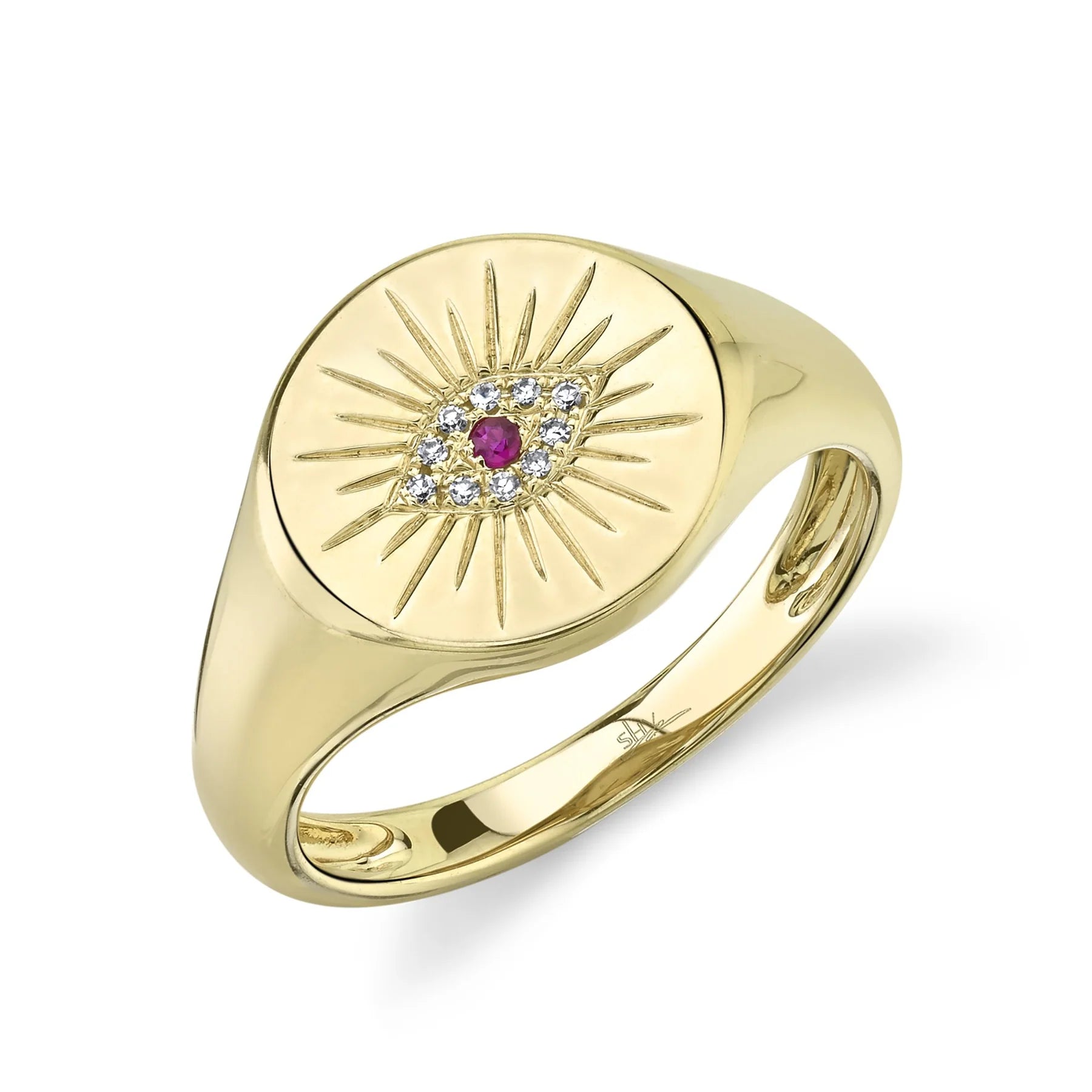 14K Yellow Gold Ruby & Diamond Evil Eye Signet Ring