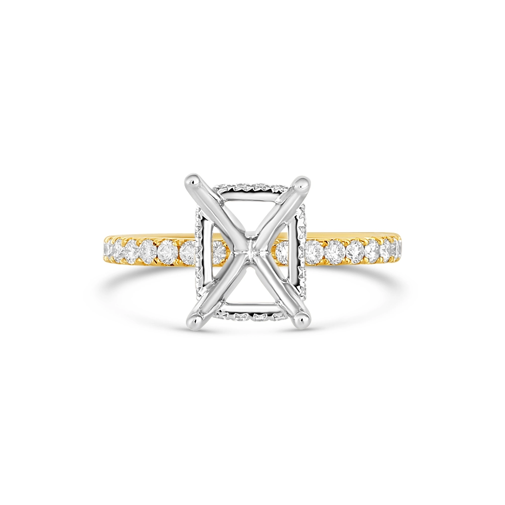 14K Yellow Gold Semi Mount with White Gold Rectangle Hidden Halo, Prong Set