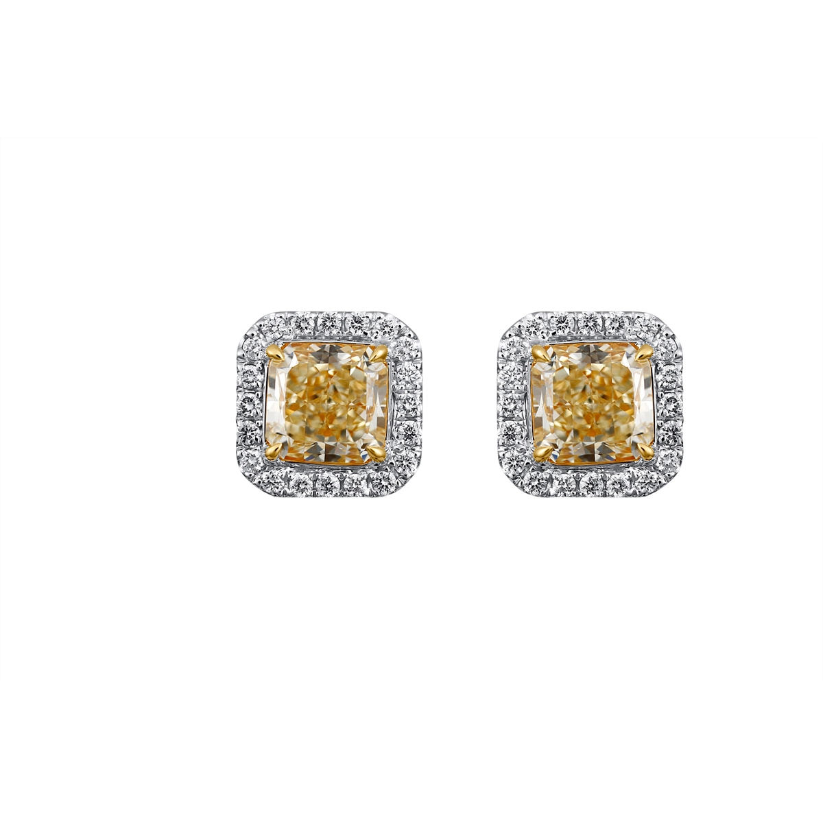 18K White and Yellow Gold Square Fancy Yellow Diamond Stud Earrings with Halo