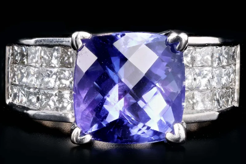 18K White Gold 3.50 Carat Tanzanite & Princess Cut Diamond Ring