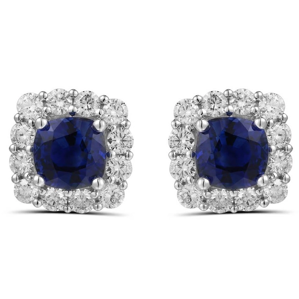 18K White Gold Cushion Sapphire Stud Earrings with Diamond Halo