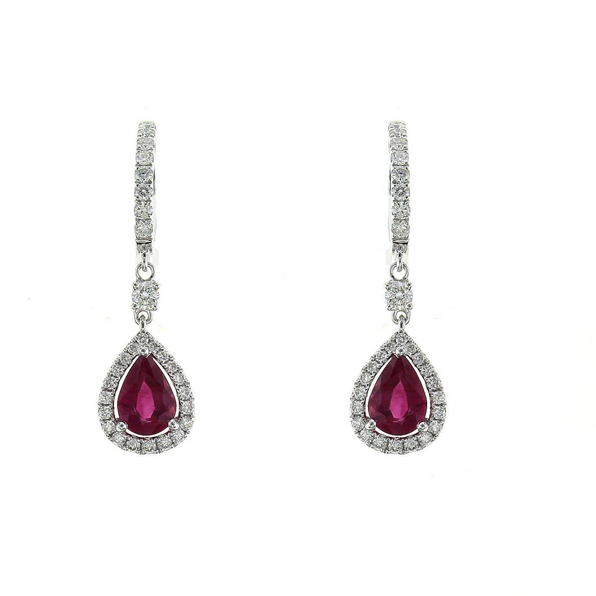 18K White Gold Diamond Hoop Earrings with Pear Ruby with Diamond Halo Dangle