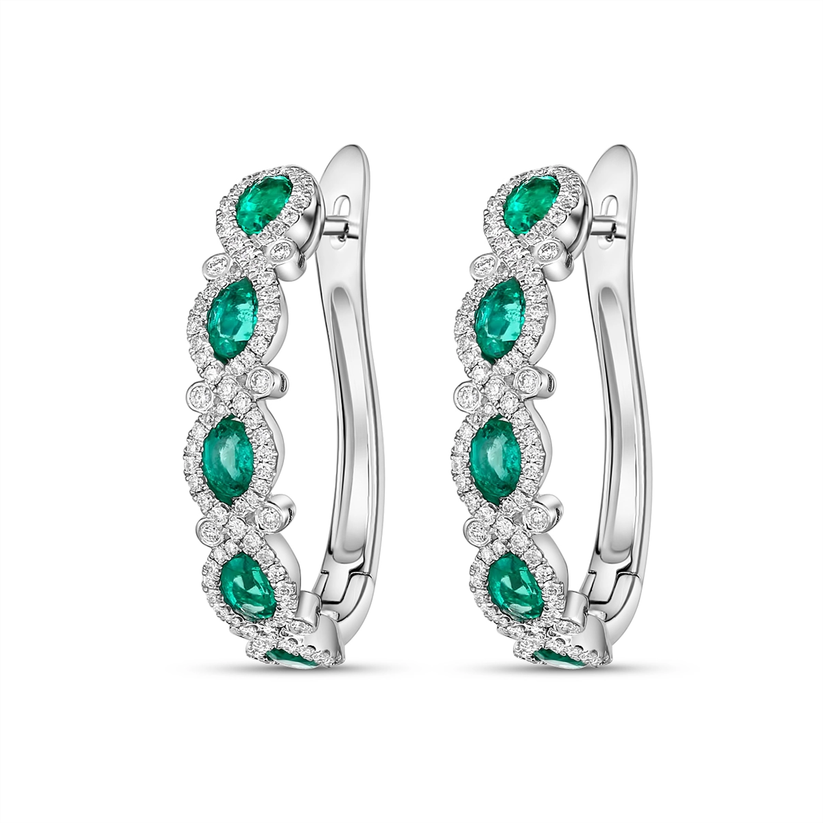 18K White Gold Emerald and Diamond Half Hoop Earrings