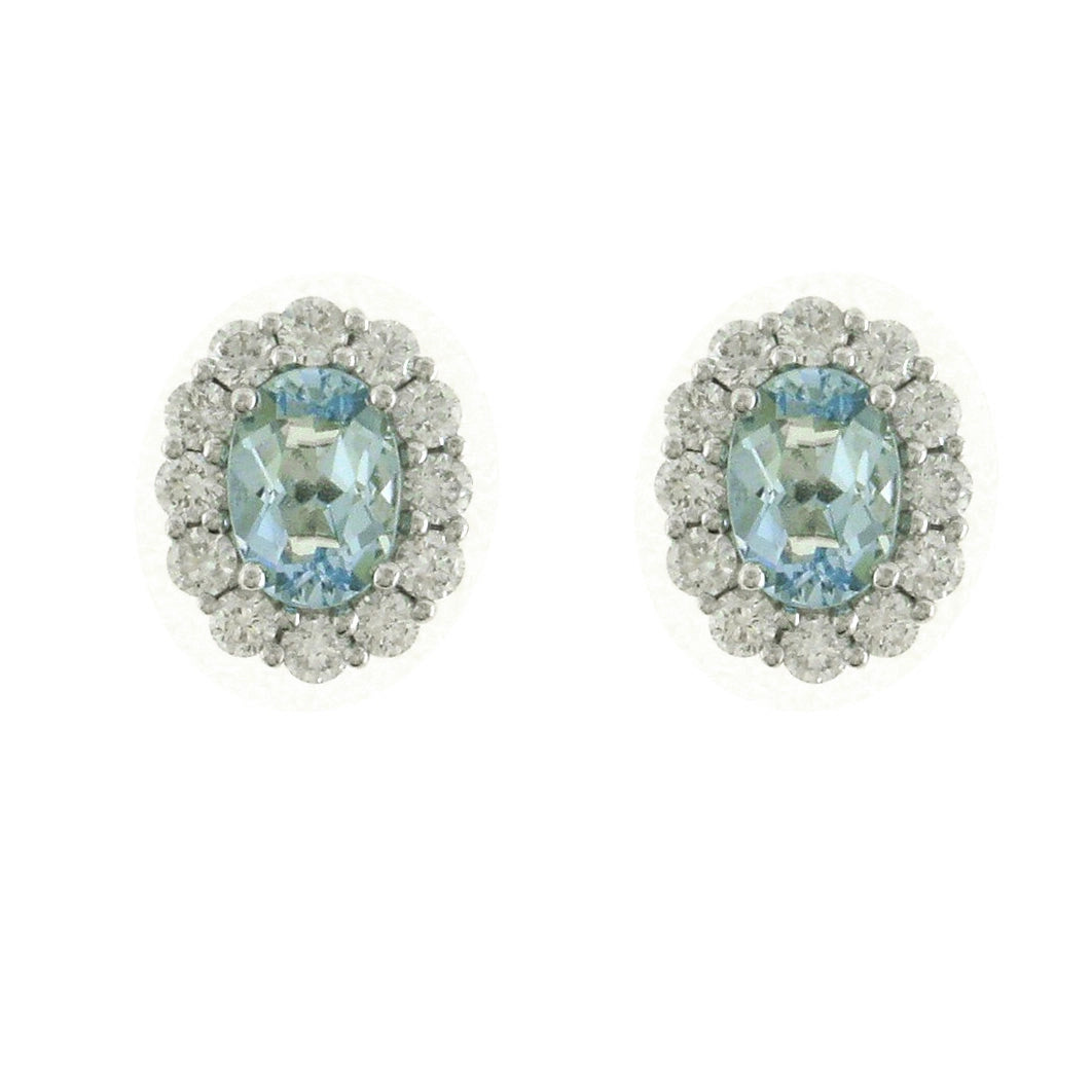 18K White Gold Oval Aquamarine with Diamond Halo Stud Earrings